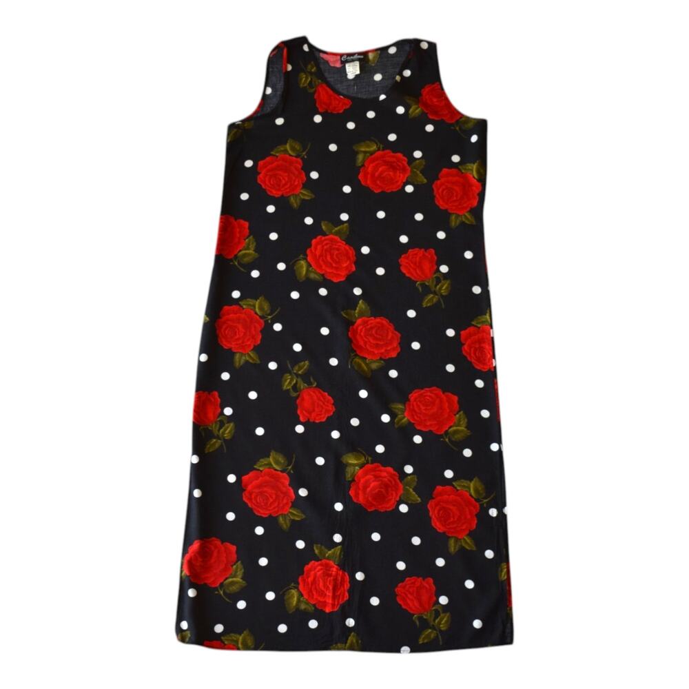 Vintage 90s Rose Floral Polka Dot Shift Midi Dress Size Large